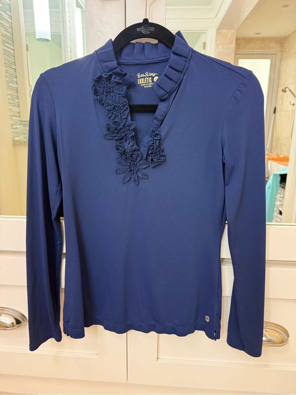 Lilly Pulitzer Navy Floral-Appliqué V-Neck Long Sleeve Top